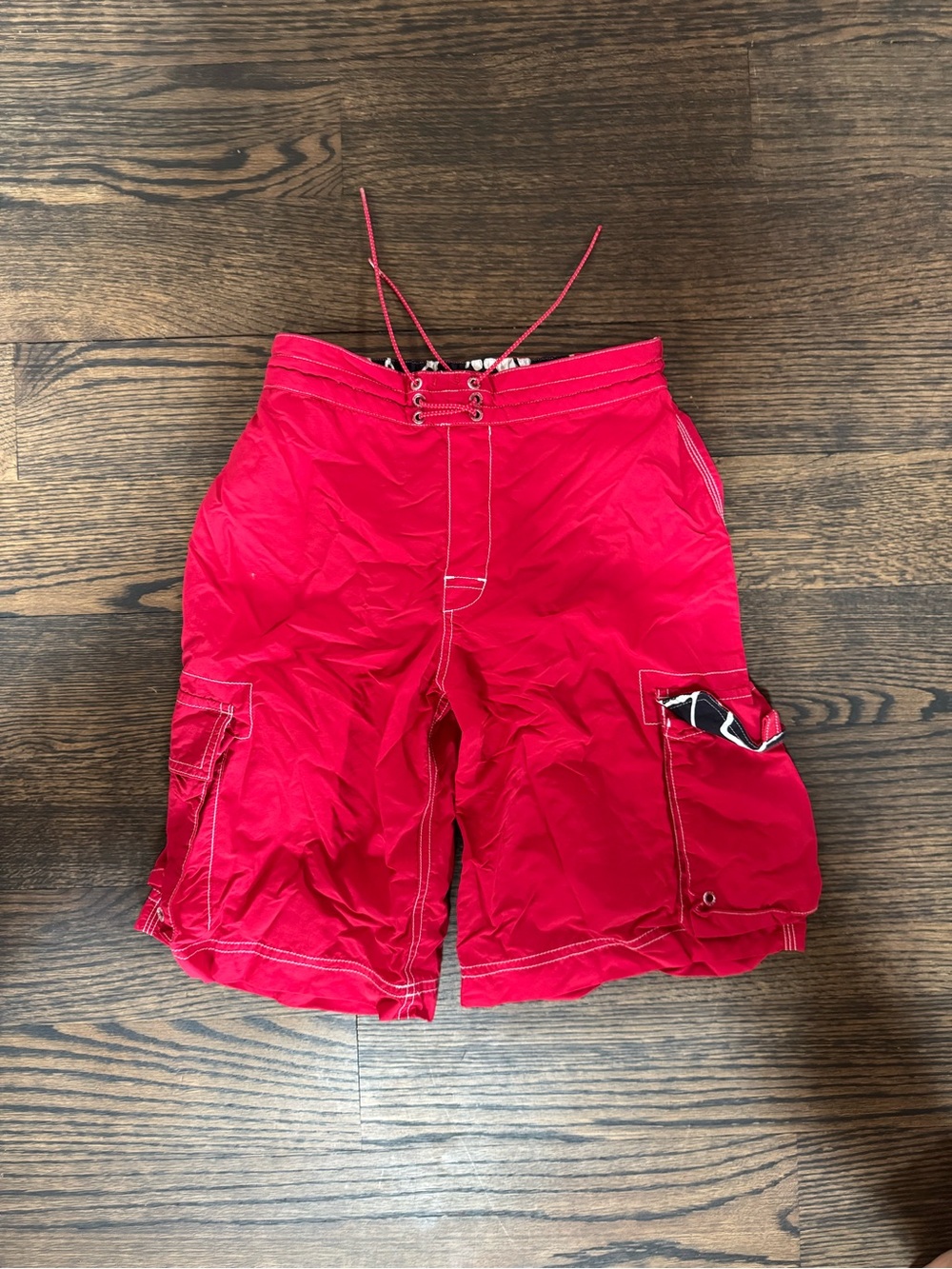 Lands' End Red Men's Swim Shorts with Patterned Waistband